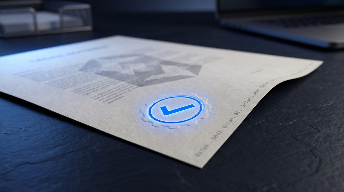 A sealed verdict with a glowing checkmark and cryptographic audit hash